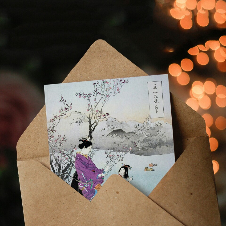 image 1 of Ogata Gekko Japanese Art Card Woman Admiring The Plum Blossom