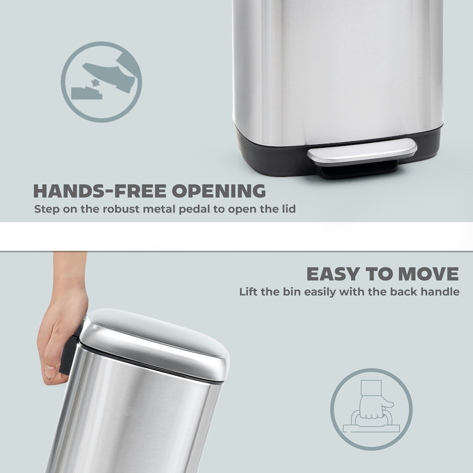 image 1 of Stainless Steel Rectangular Pedal Bin With Soft Close Lid Silver Waste Bin - 30L Silver