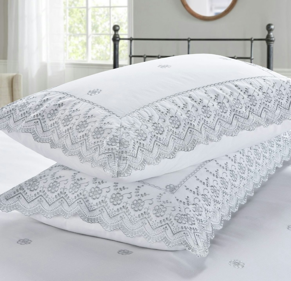image 1 of Gabrielle Embroidered Floral Duvet Cover Set with Pillowcases Included | White | Double | 1