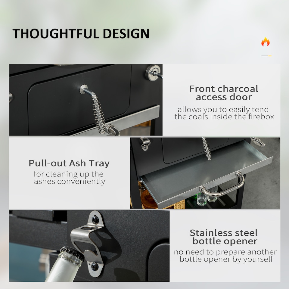 image 1 of Charcoal BBQ Grill Smoker Trolley with Shelves, Bottle Opener and Wheels