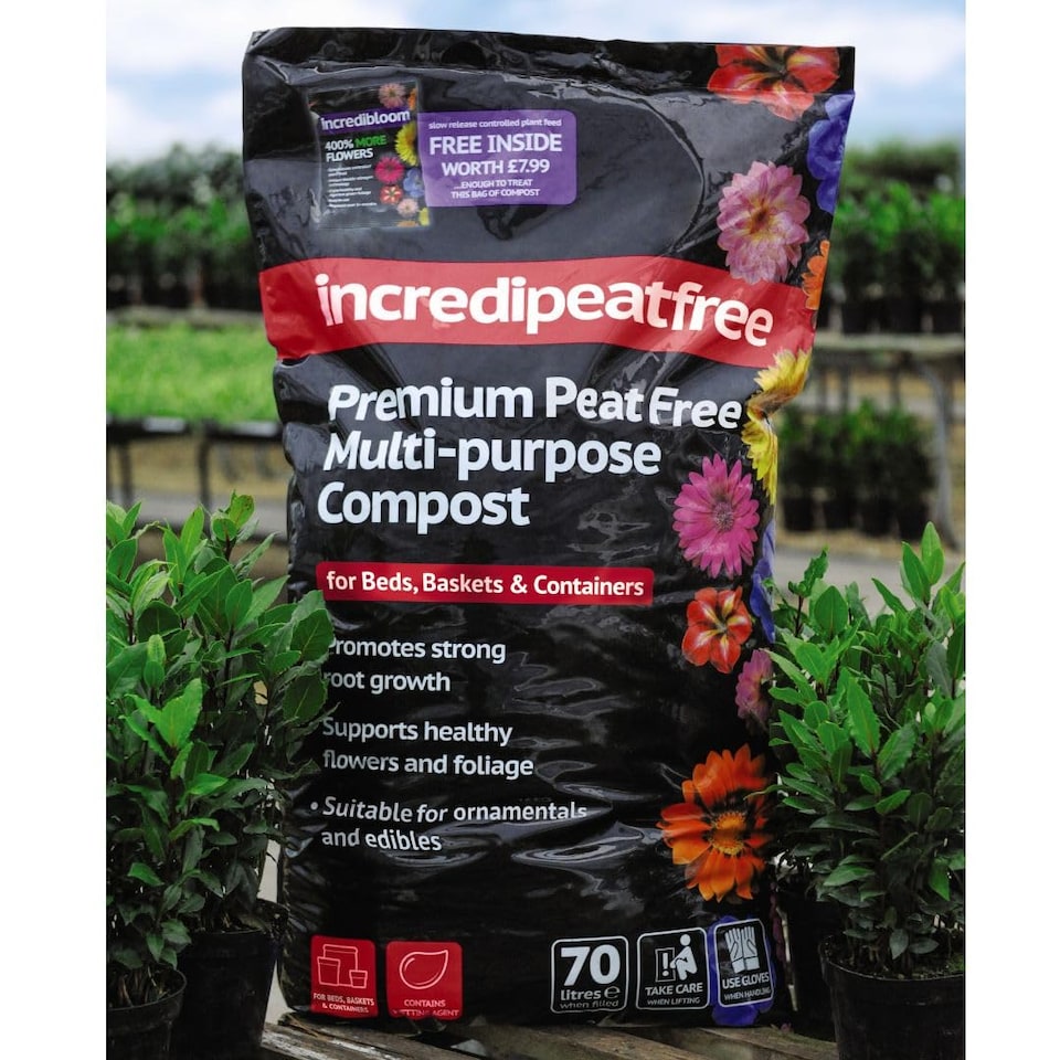Peat Free Garden Compost incredipeatfree - 70 Litre Bag + 210g Sachet Incredibloom Plant Feed x 1