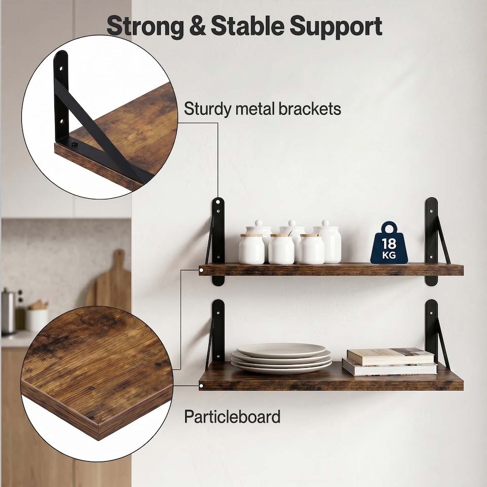 image 1 of Levede Floating Shelves Wall Mounted Shelf Set of 2 Rustic Storage Shelves 39cm