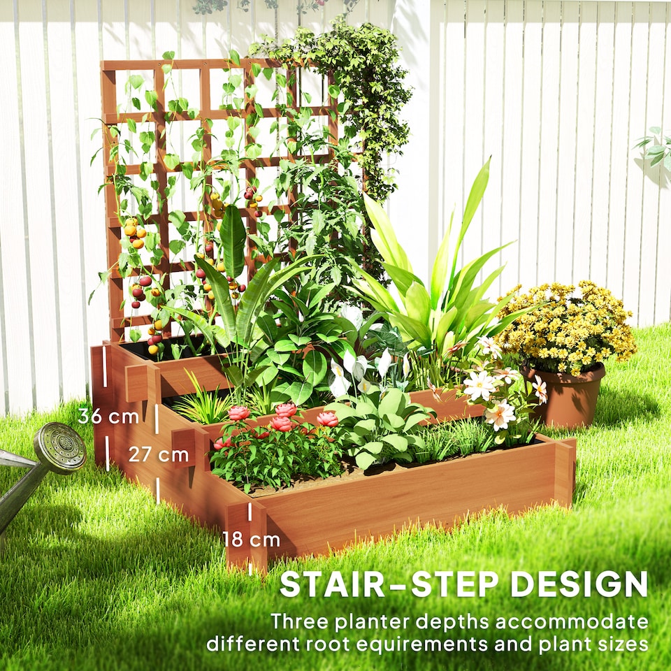 image 1 of Outsunny 3 Tier Wooden Garden Planters with Trellis for Vine Climbing Plants | Brown | Brown