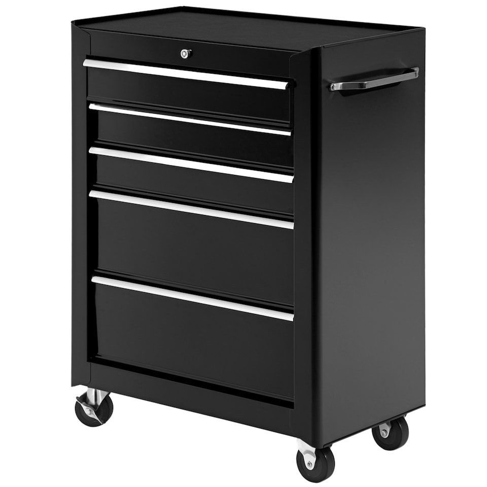 image 1 of HOMCOM 5-Drawer Lockable Steel Tool Storage Cabinet with Wheels Handle 2 Keys Organisation BoUnit Chest Garage DIY Workshop Trolley Black | Black