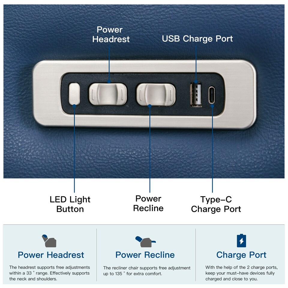 image 1 of Broadway Cinema Electric Recliner Chair USB Charging LED Base (Blue)