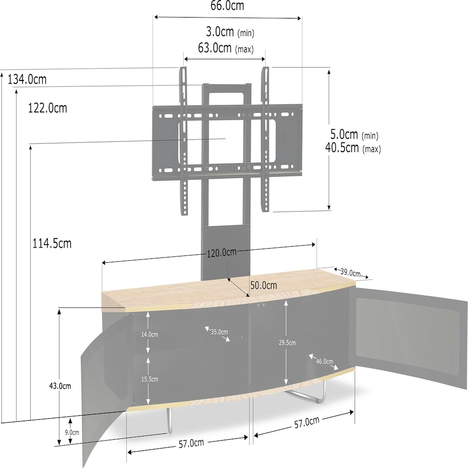 image 1 of Centurion Supports Caru Black Oak Beam-Thru Remote Friendly Super-Contemporary D Shape Design 32"-65" LED/OLED/LCD TV Cabinet with Mounting Arm Black | Oak