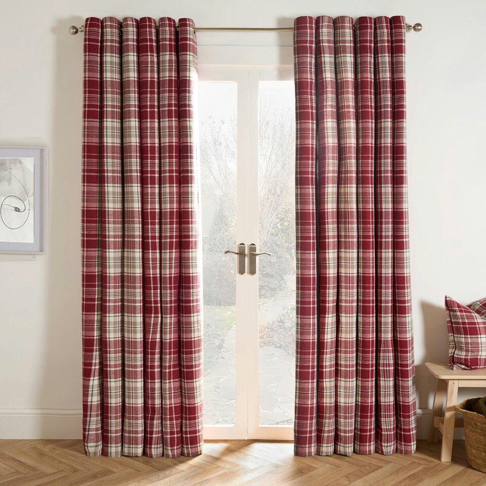 image 1 of OHS Dorest Woven Check Thermal Blackout Lined Eyelet Curtains, 66x54" - Red