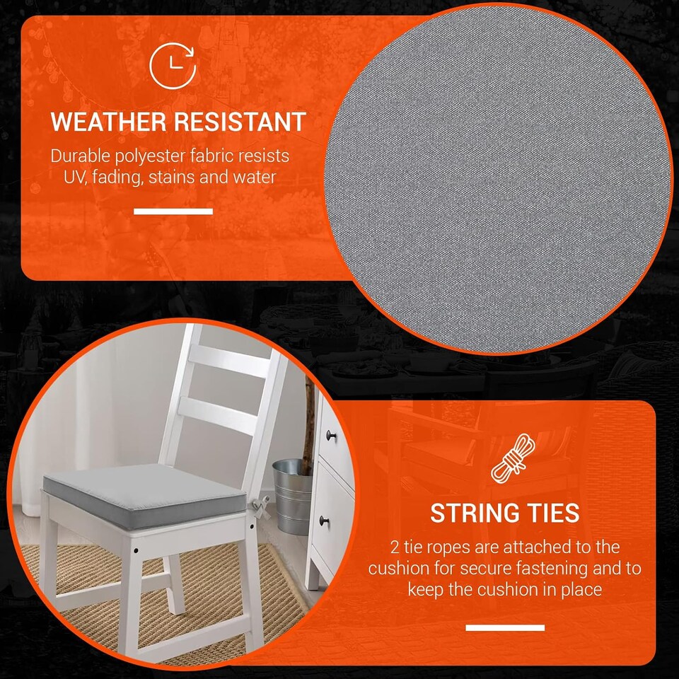 image 1 of Water Resistant Chair Cushions with Ties | Indoor & Outdoor Seat Pads | 44cm x 50cm | Light Grey | (Pack of 1)
