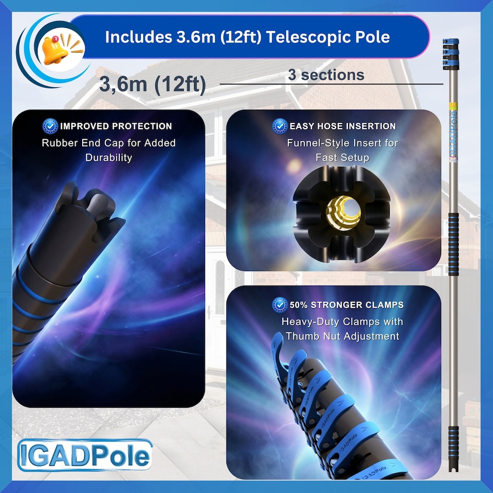 image 1 of IGADPole 3.6m(12ft) Washing Kit: Water-fed Brush, Cobweb Duster and 10”(25cm) Squeegee and Soap Dispenser, with 3-Stage Telescoping Pole 5-12ft