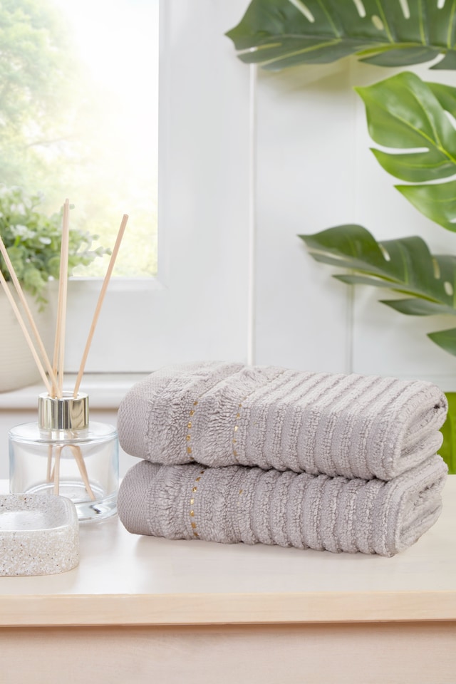 image 1 of Linear Cotton Premium Luxury Towels Soft and Absorbent (Set Of 2) | Grey | Face cloth | 2