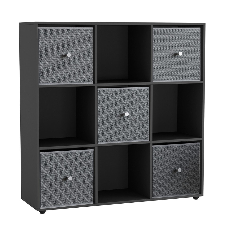 9 Cube Wooden Bookcase Shelving Unit with 5 Collapsible Fabric Drawers Multi Black & Light Grey 1