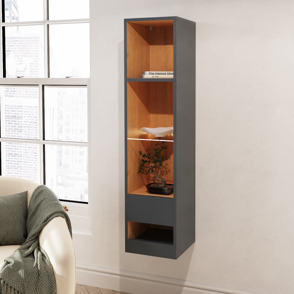 image 1 of Leon Tall Shelf Unit with LED | Grey | Anthracite