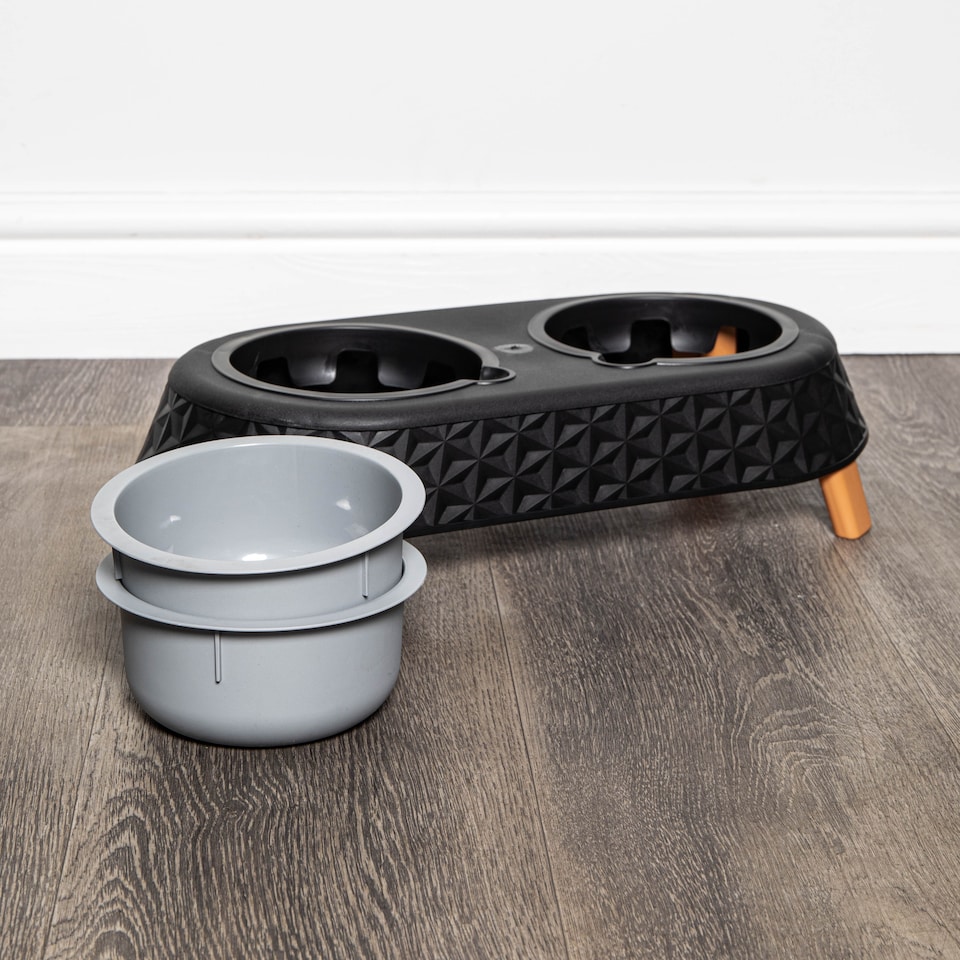 image 1 of 16cm x 9cm Black Plastic Raised Double Pet Bowl Feeding Station with Stand