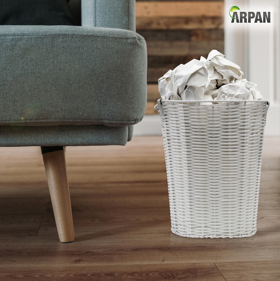 image 1 of White Resin Round Waste Paper Bin – Strong Woven Storage Basket Rubbish Bin for Home, Office, Hotel, Bedroom & Bathroom