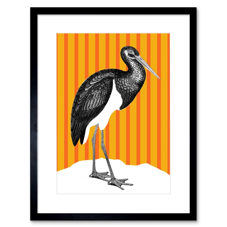 image 1 of Stork Bird Orange Stripes Modern Bold Animal 9x7" Black Framed Wall Art Print