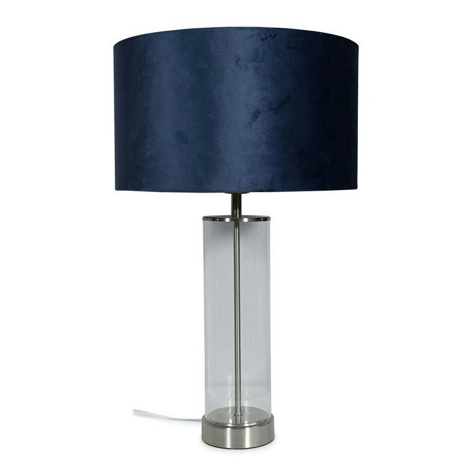 image 1 of ValueLights Clear Tube and Brushed Chrome Metal Bedside Table Lamp with a Navy Blue Velvet Shade