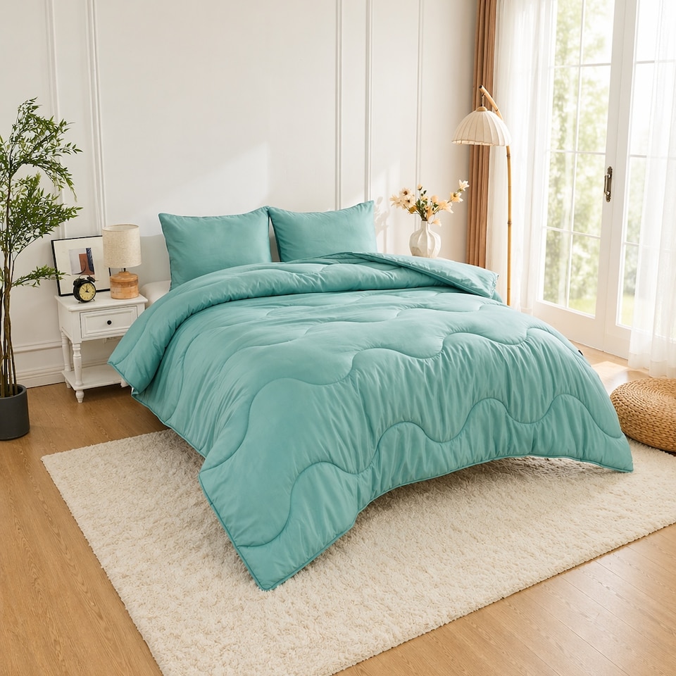 image 1 of 10.5 Tog Supersoft Microfibre Duvet with Pillowcases – Coverless or Use with Duvet Cover | Green | Green/Dark Green | Double