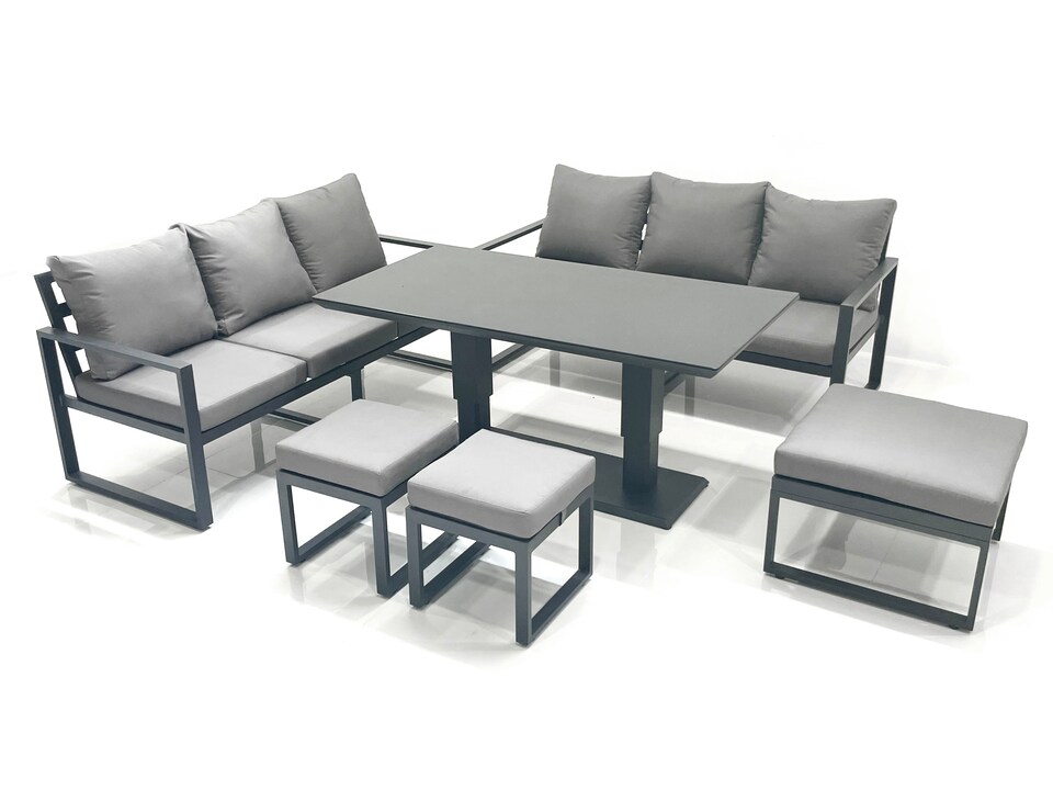 image 1 of Fimous 9 Seater Aluminium Outdoor Garden Furniture Set with Adjustable Rising Lifting Dining Table 3 Seater Sofa 3 Footstools Dark Grey