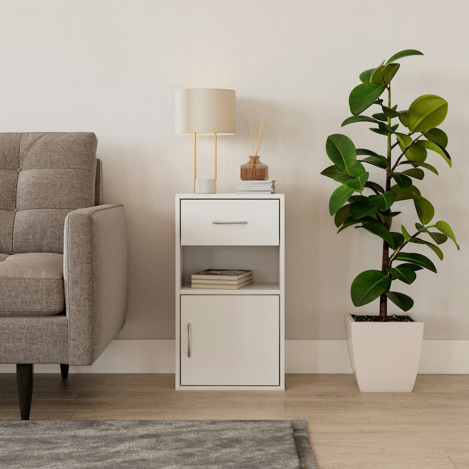 image 1 of 1-Drawer 1-Door Wooden Bedside Table White | Unit Colour: White