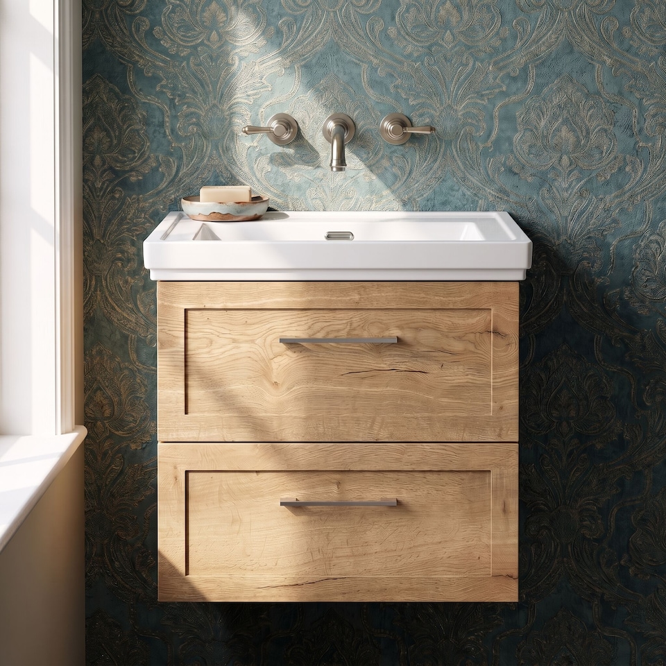 image 1 of Balterley Stonnall Traditional Wall Hung 2 Drawers Vanity Unit with Traditional 0 Tap Hole Fireclay Basin, 600mm, Autumn Oak