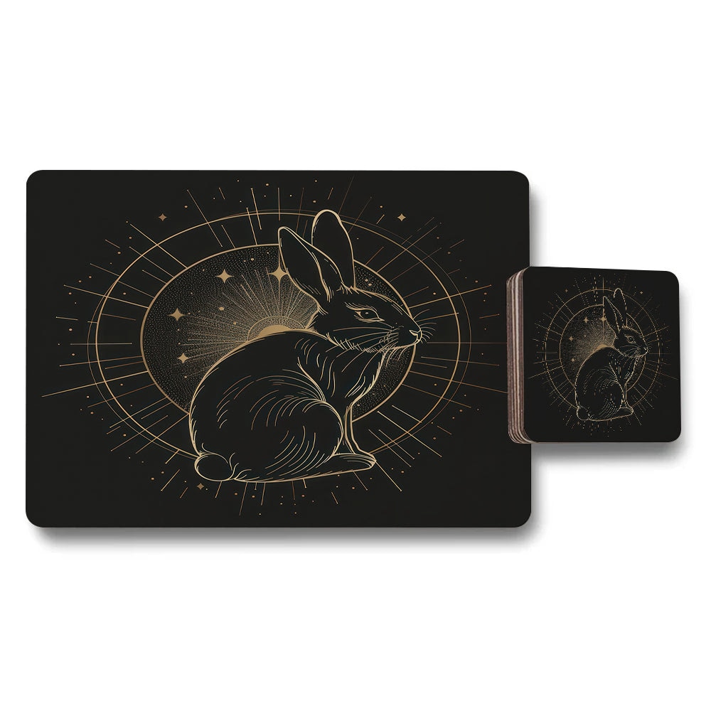 Designer Rabbit Geometry Placemats And Coasters Set In Gold Embossed Artwork On Black Limited Edition