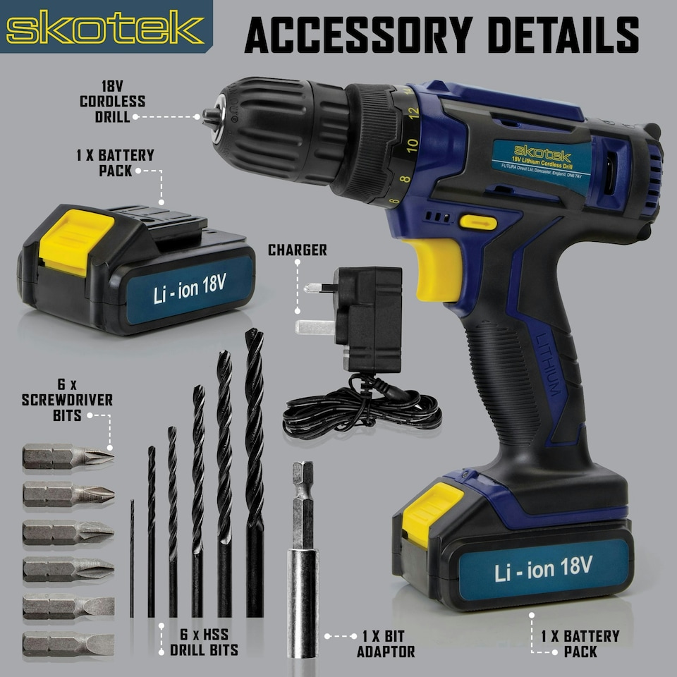 image 1 of Skotek 18V Cordless Drill & 13pc Screwdriver Set (2 Batteries & Charger Included)