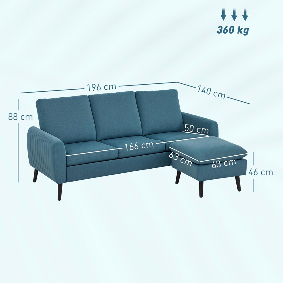 image 1 of HOMCOM 3 Seater Corner Sofa Couch Settee with Chaise Lounge, Blue 