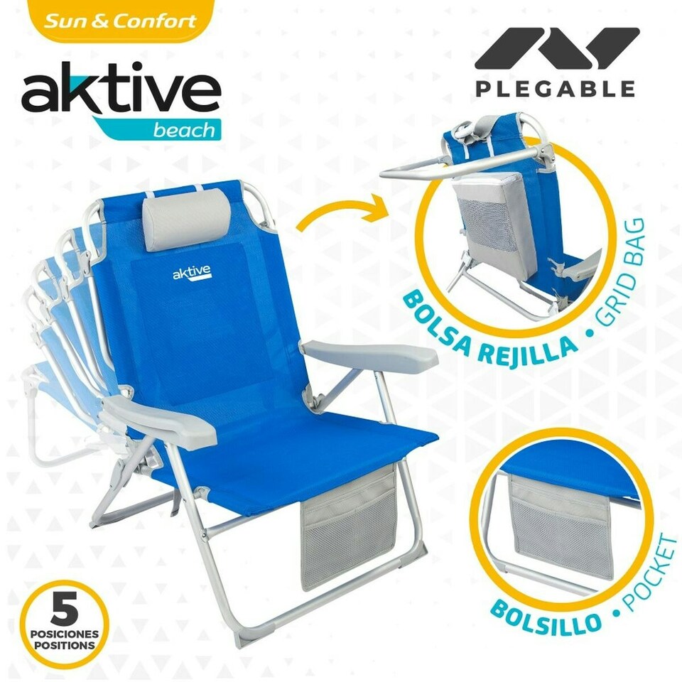 image 1 of Folding Chair with Headrest Aktive Blue 55 x 86 x 66 cm (2 Units) N/A