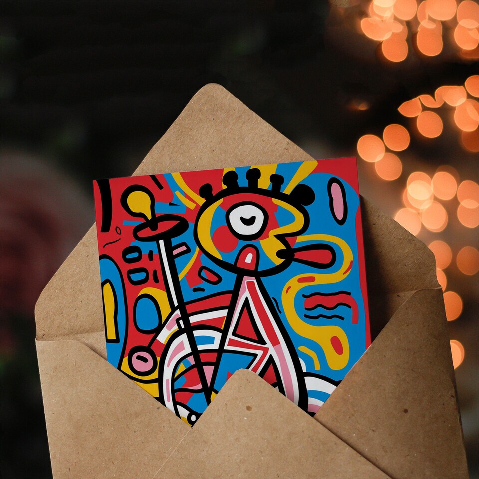 image 1 of Bicycle Cyclist Bold Vibrant Modern Doodle Art Birthday Card