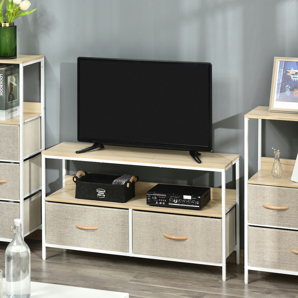 image 1 of HOMCOM TV Cabinet, TV Console Unit with 2 Foldable Linen Drawers Maple Colour