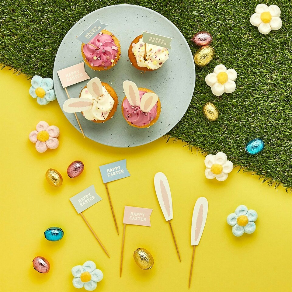 image 1 of Bunny Ears & Happy Easter Flag Food Picks - Pack of 12