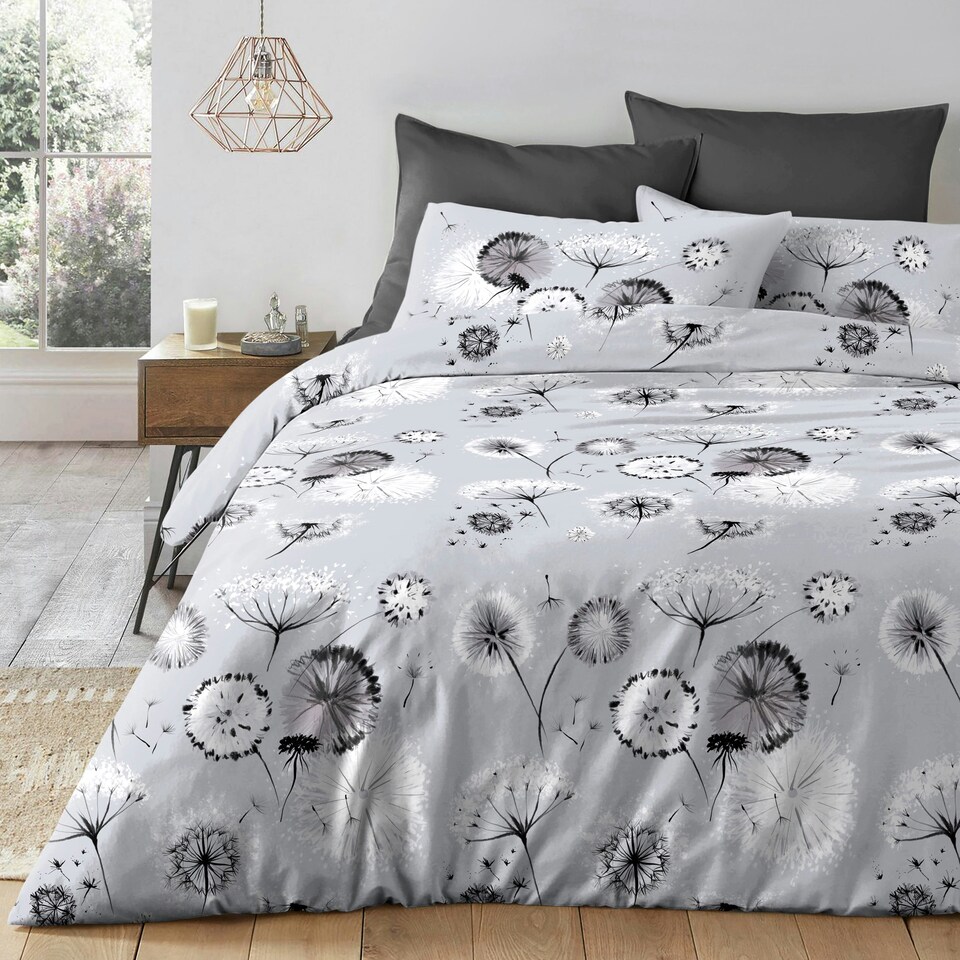 image 1 of Velosso Dandelion Printed Cotton Blend Duvet Cover and Pillowcase Set Grey | King