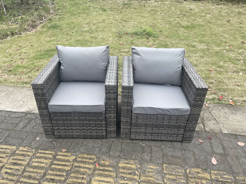 image 1 of Fimous 5 Seater Outdoor PE Rattan Garden Furniture Gas Fire Pit Dining Table Lounge Sofa 2 PC Armchairs Dark Grey Mixed Patio