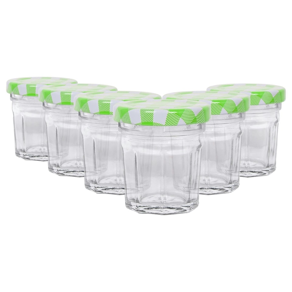 image 1 of Argon Tableware Glass Jam Jars with Green Gingham Lids - 30ml - Pack of 6
