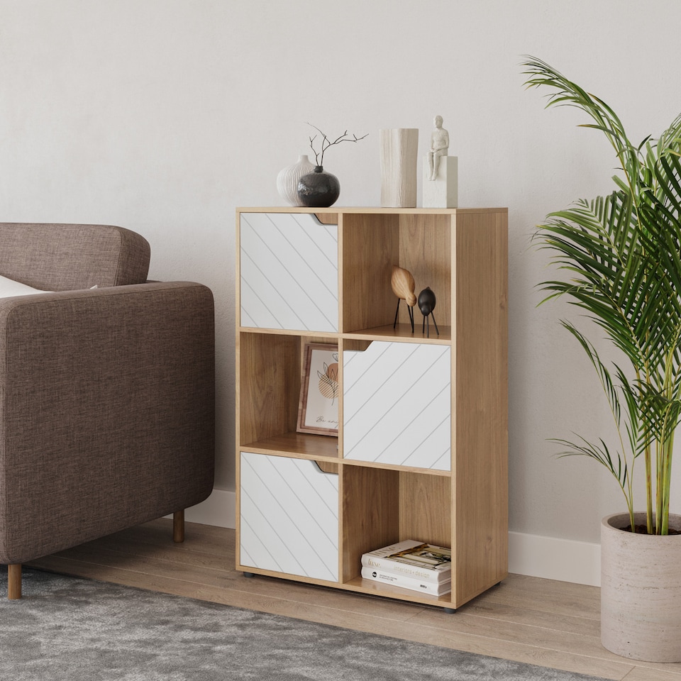 image 1 of 6-Cube Shelving Unit With Lined Doors | Brown | Oak & White | 1