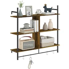 HOMCOM Wall Shelf Unit with 4 Hooks for Living Room Rustic Brown