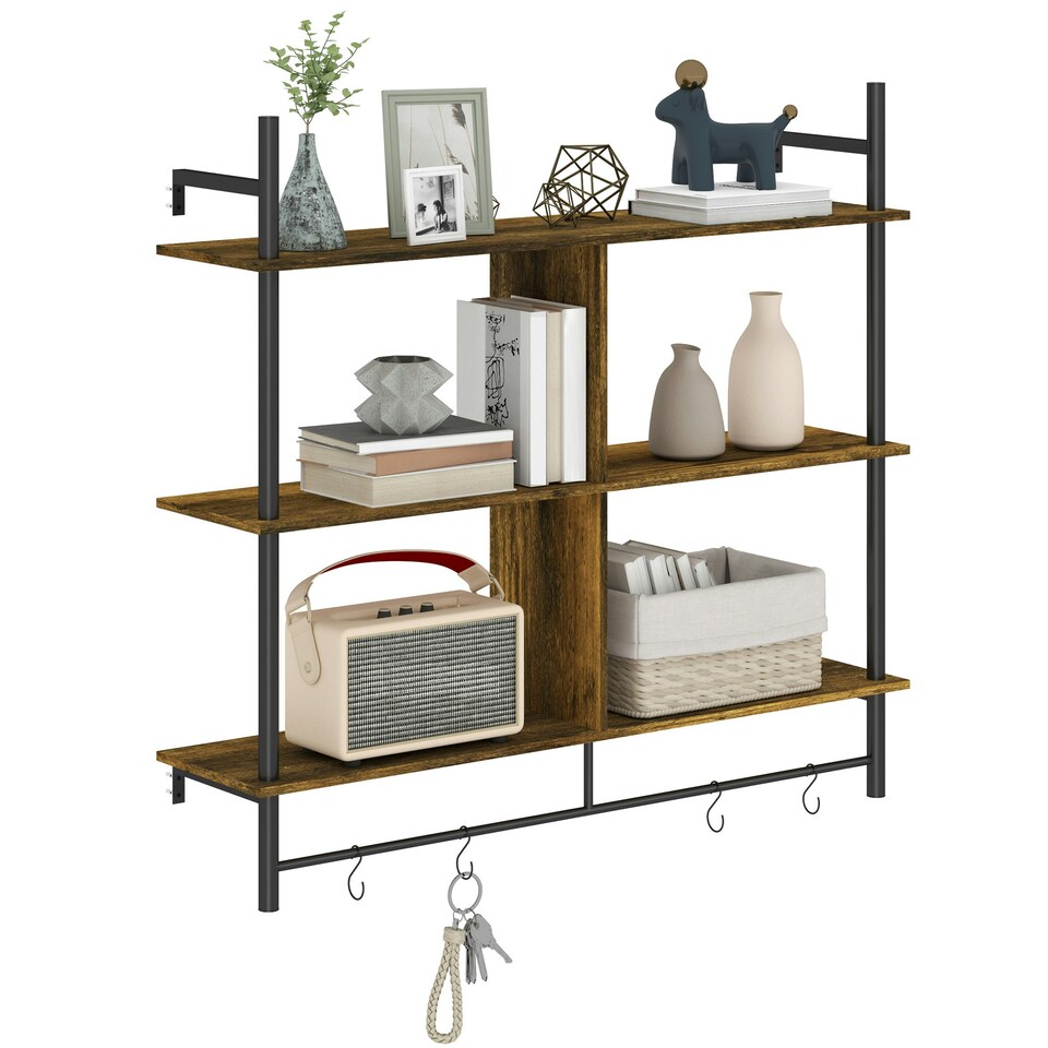 image 1 of HOMCOM Wall Shelf Unit with 4 Hooks for Living Room Rustic Brown