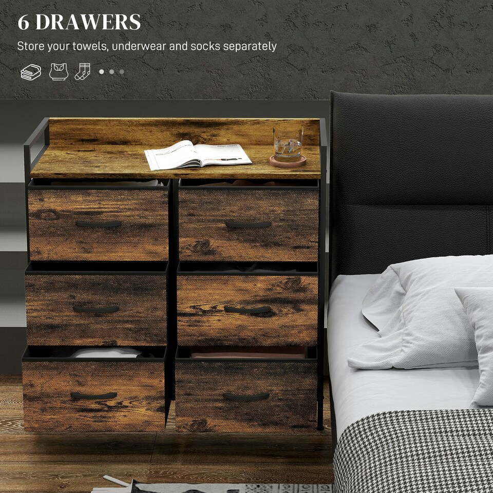 image 1 of HOMCOM Bedroom Chest of Drawers 6 Drawer Dresser w/ Shelf, Grey Wood Effect