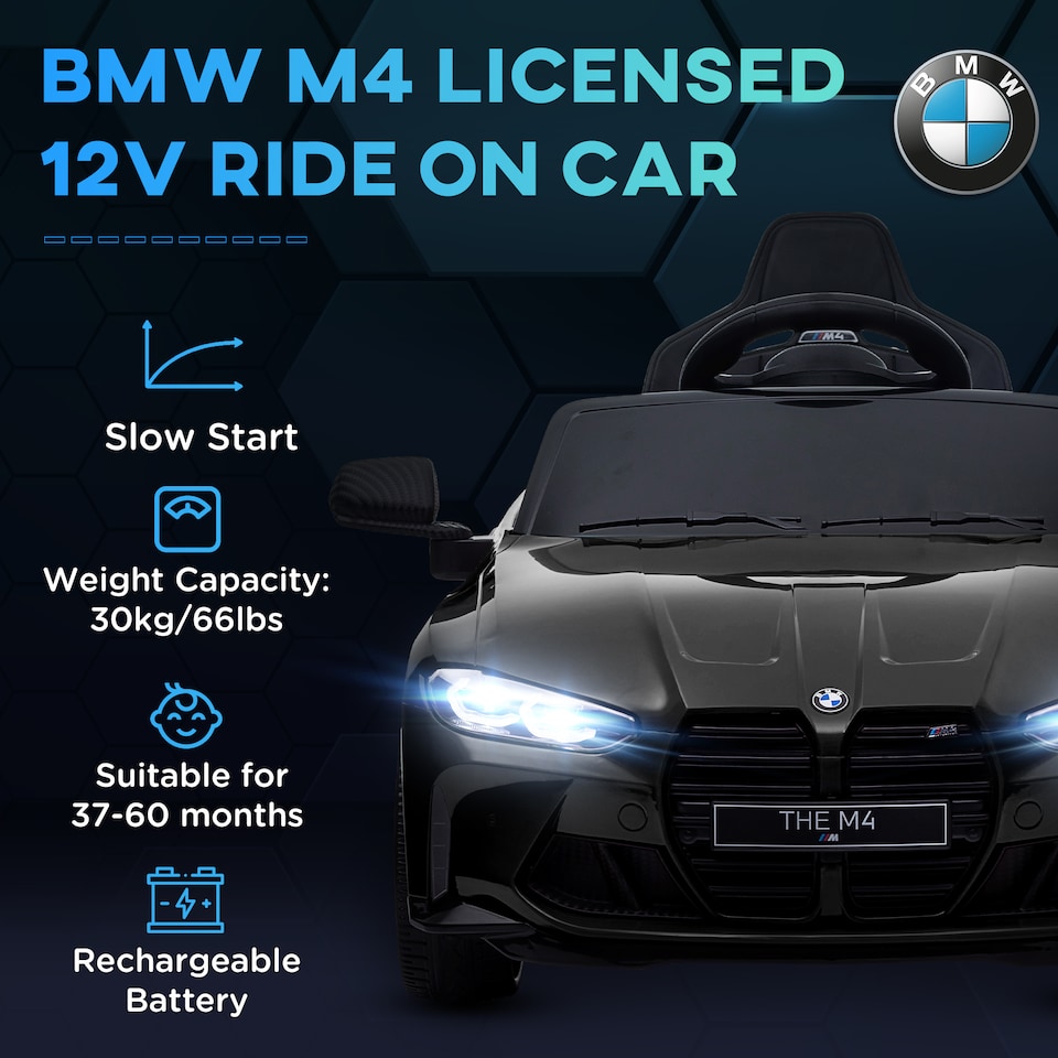 image 1 of AIYAPLAY BMW M4 Licensed Electric Car for Kids, 12V Kids Electric Ride on with Remote Control, Suspension, Music, Horn, LED Lights, for Ages 3-5 Years, Black
