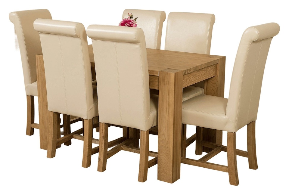 image 1 of Kuba 125x80cm Chunky Oak Small Dining Table and 6 Washington Leather Chairs | Cream | Cream