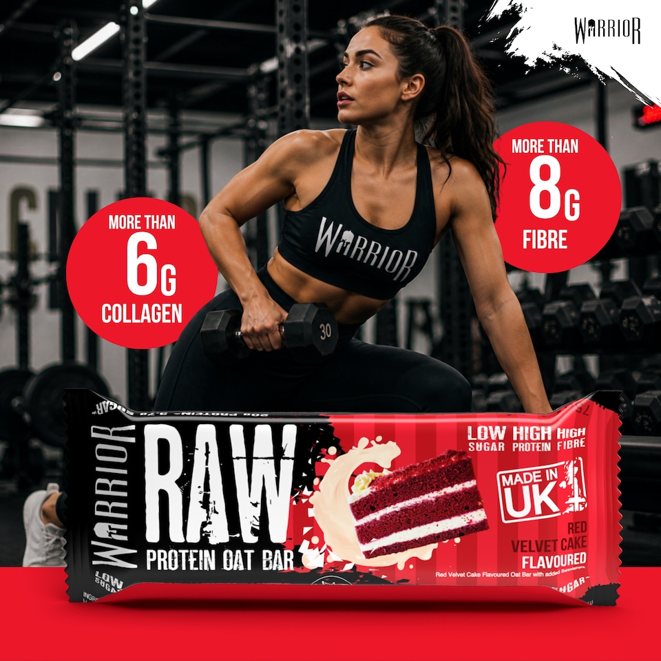 image 1 of Warrior RAW Protein Bars 12 x 75g – 20g High Protein Bar, Low Sugar High Fibre Oat Protein Flapjack – Protein Snacks, Meal Replacement Bars (Red Velvet Cake)