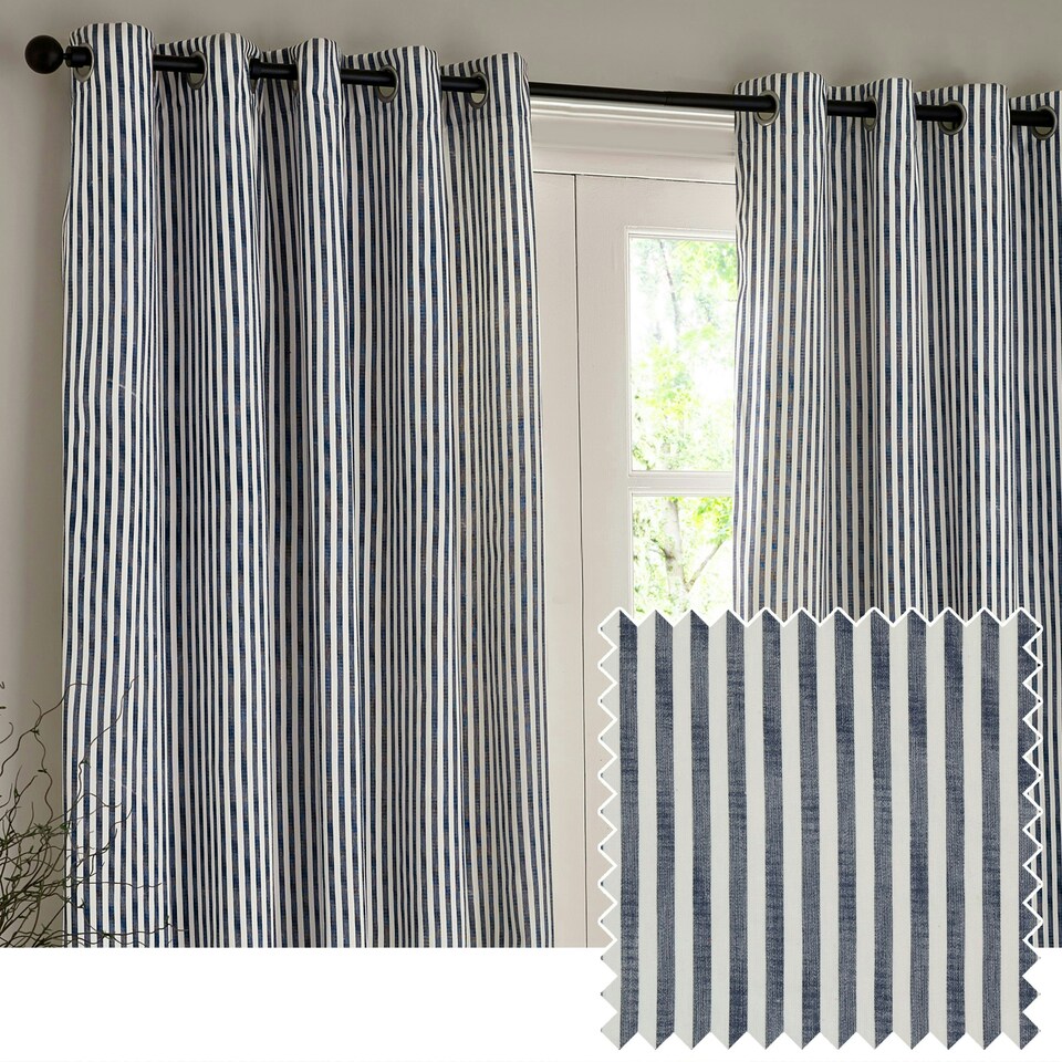 image 1 of Yard Hebden Striped Cotton Navy Eyelet Curtains 229 x 183cm