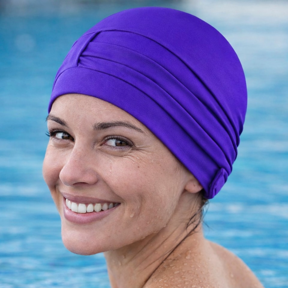 image 1 of Ladies Comfortable Fabric Swimming Cap | Turban Style Lightweight Swim Cap | Purple | Purple | One Size | 1