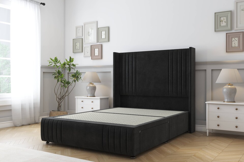 image 1 of Sloomy Camden Black Plush Divan Bed Base No Drawers With 54 Inch Wingback Headboard & 12 Inch Matching Footboard | Black | Black | Double | 1