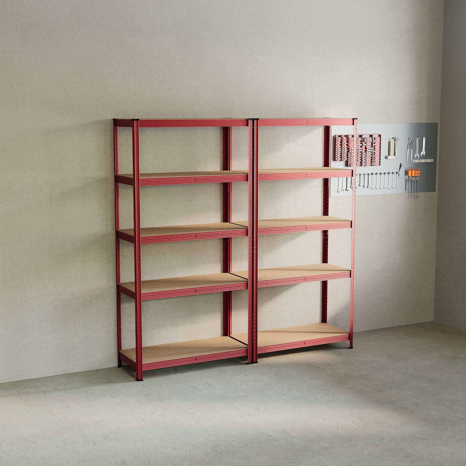 image 1 of Home Vida 5 Tier Heavy Duty Garage Shelves Adjustable Steel Shelving Storage Units - Holds Upto 875kg - Red - 2 Bays