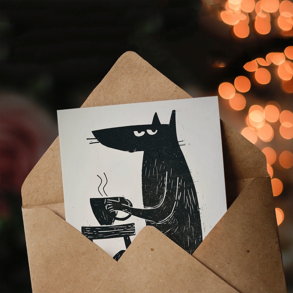 image 1 of Dog Lover Drinking Coffee Black Cartoon Birthday Card