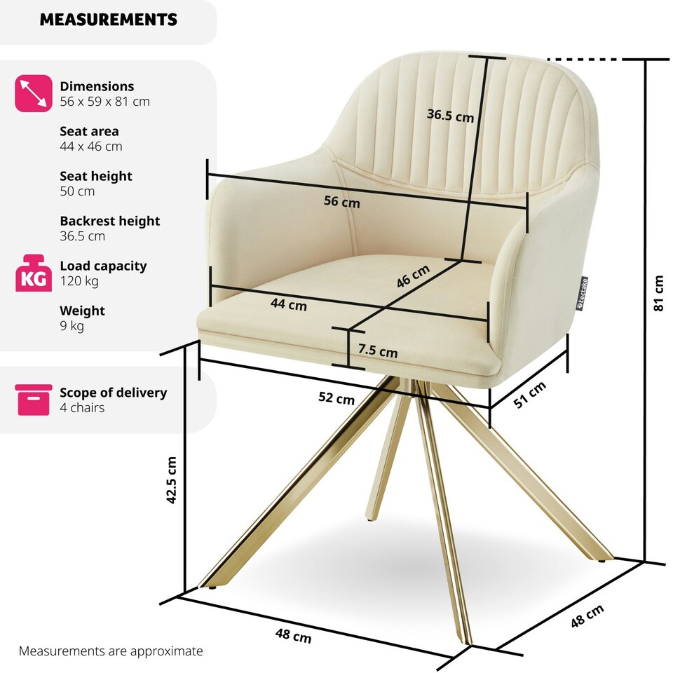 image 1 of Lounge Armchair Living Room Accent Chair 360 Swivel Slim Steel Legs Velvet Fabric - Set of 4 Cream | Cream/Gold