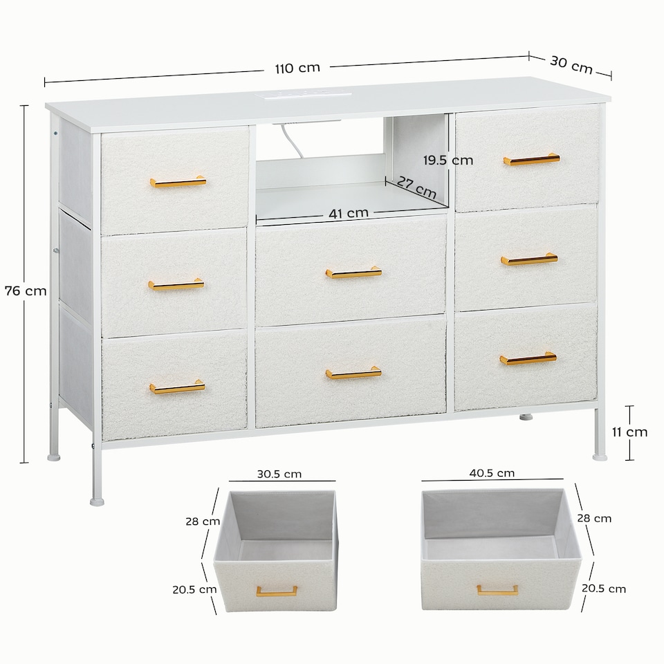 image 1 of HOMCOM Boucle Chest of Drawers, 8 Fabric Drawers Storage Organiser with Charging Station, 2 USB and 2 AC Ports, Steel Frame, Fabric Dresser for Living Room, Bedroom, Hallway, Cream White | Cream | Cream