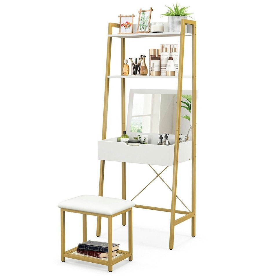 image 1 of COSTWAY 3 IN 1 Vanity Dressing Table Set Cushioned Stool | White