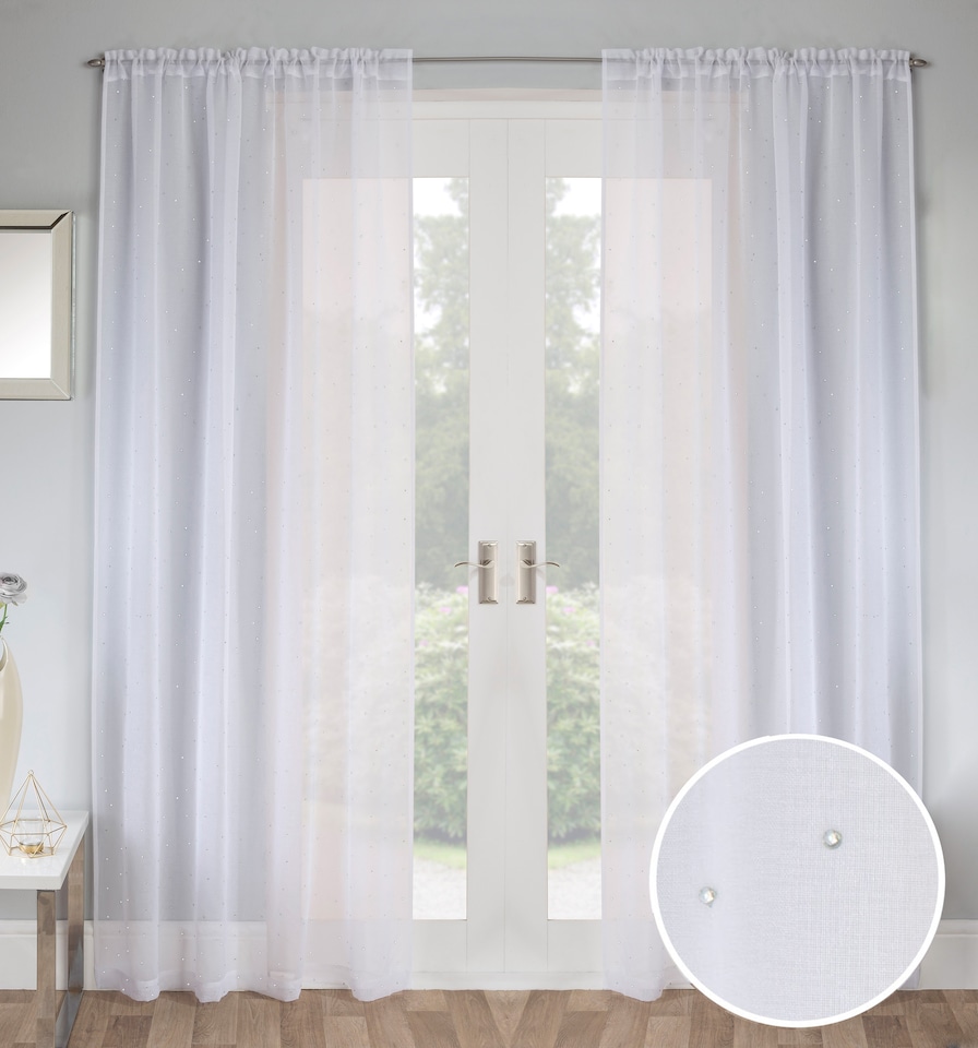 image 1 of Pair of Jewel White Voile Panels with Sparkle Pattern and Rod Pocket Header 229 CMS